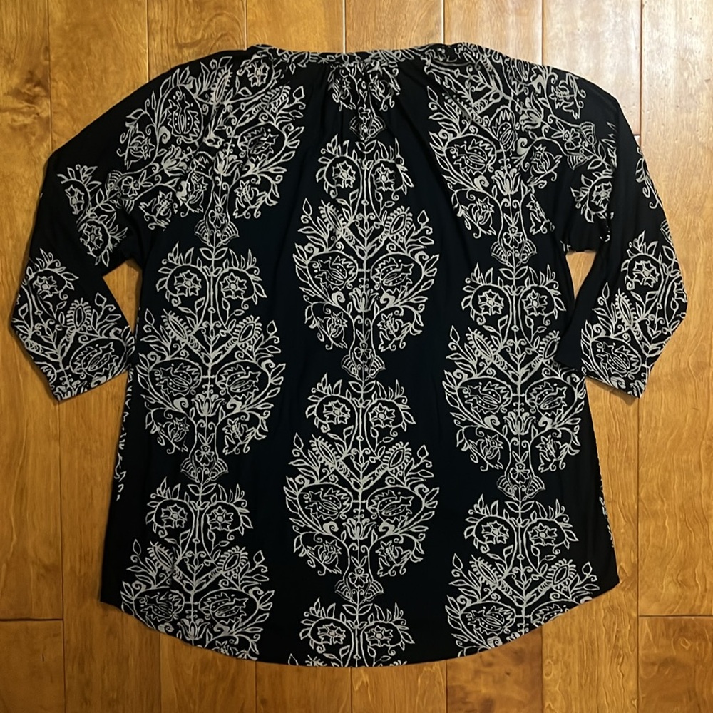 Lucky Brand Black & Tan Boho Peasant Blouse Size 1X 3/4 Sleeve Keyhole Festival - Picture 9 of 12